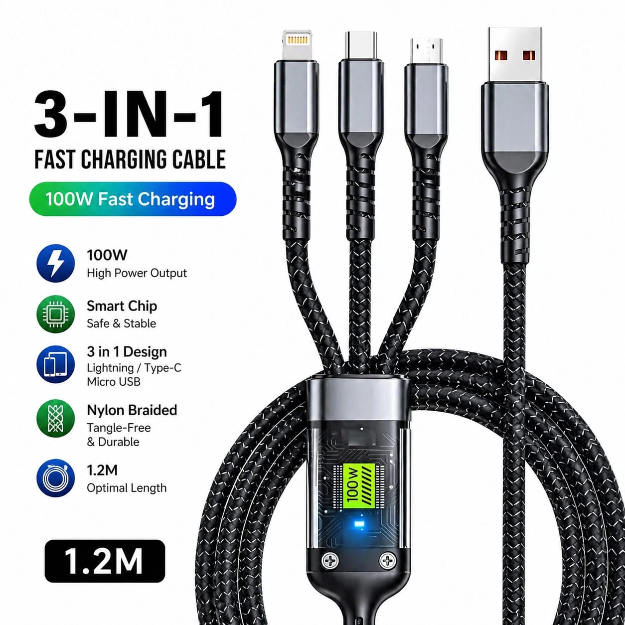 HeavyDuty 3 in 1 Multi USB Charger Charging Cable For Type-C iPhone USB Micro