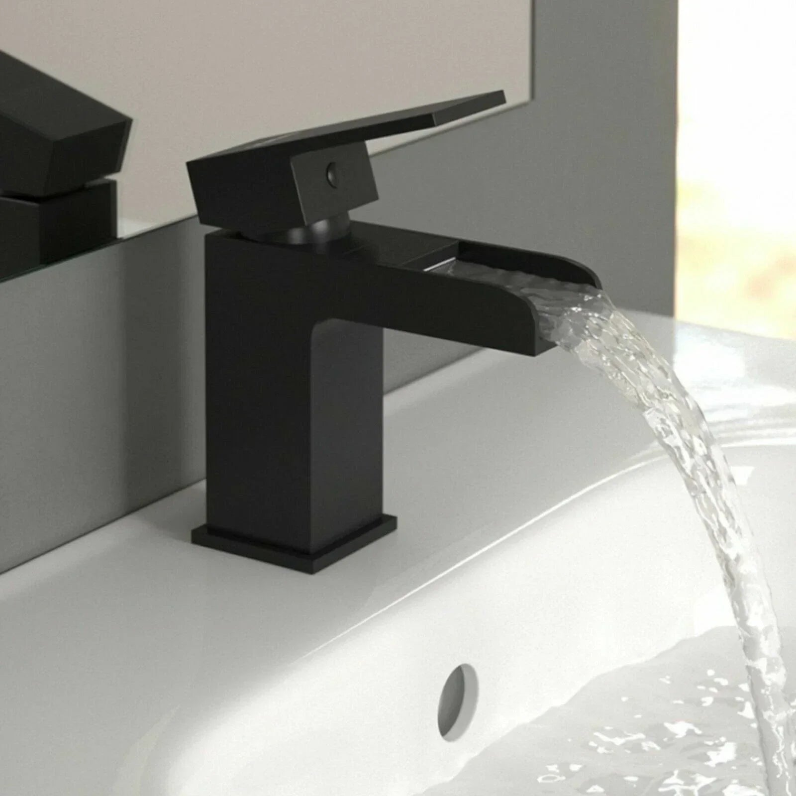 Bathroom Modern Waterfall Black Basin Sink Mono Square Mixer Tap Filler Waste