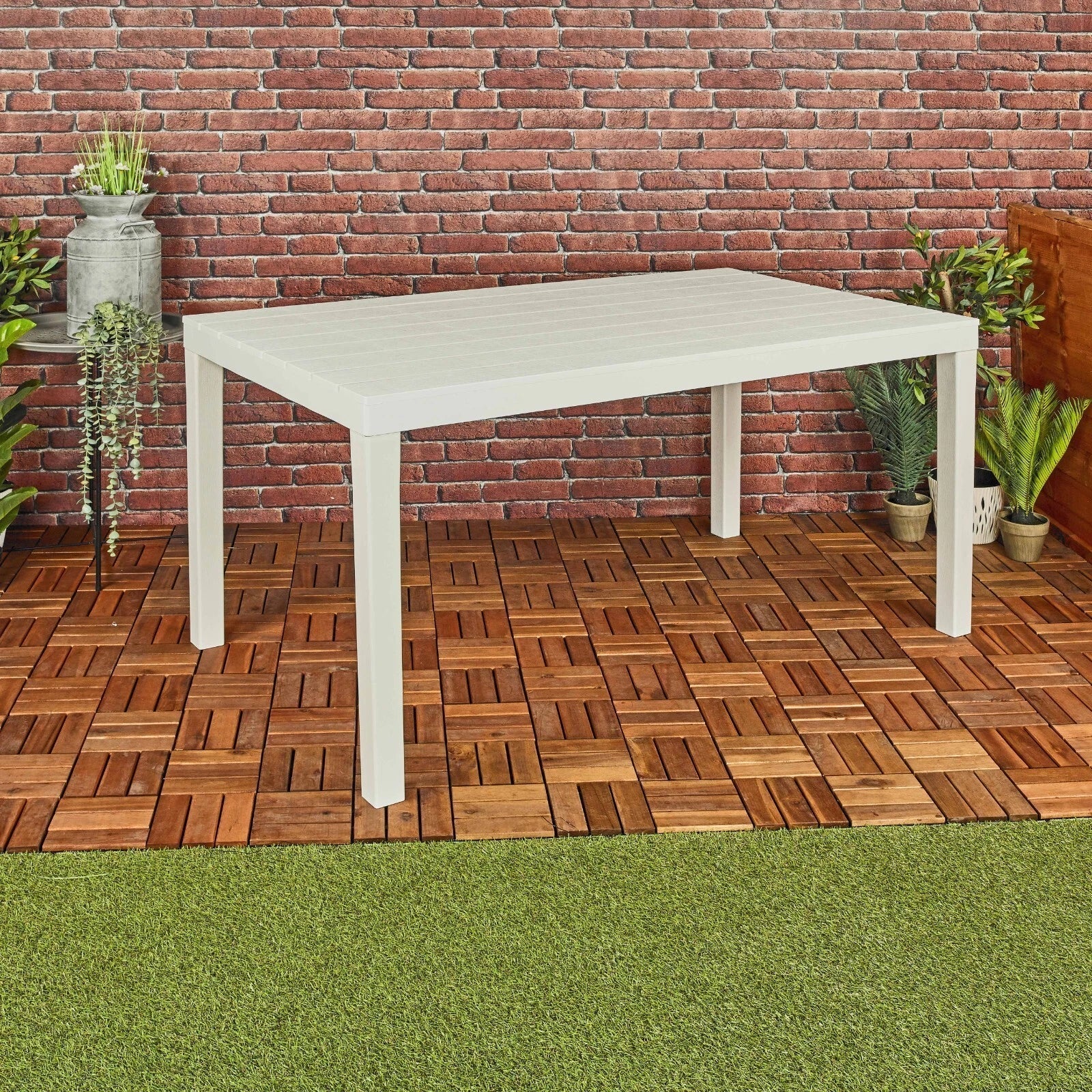 White Garden Plastic Patio Dining Large Table & Folding Chairs Outdoor Furniture