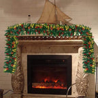 9ft Christmas Garland Snow Flocked With Lights Pinecones Berries Wreath Bushy