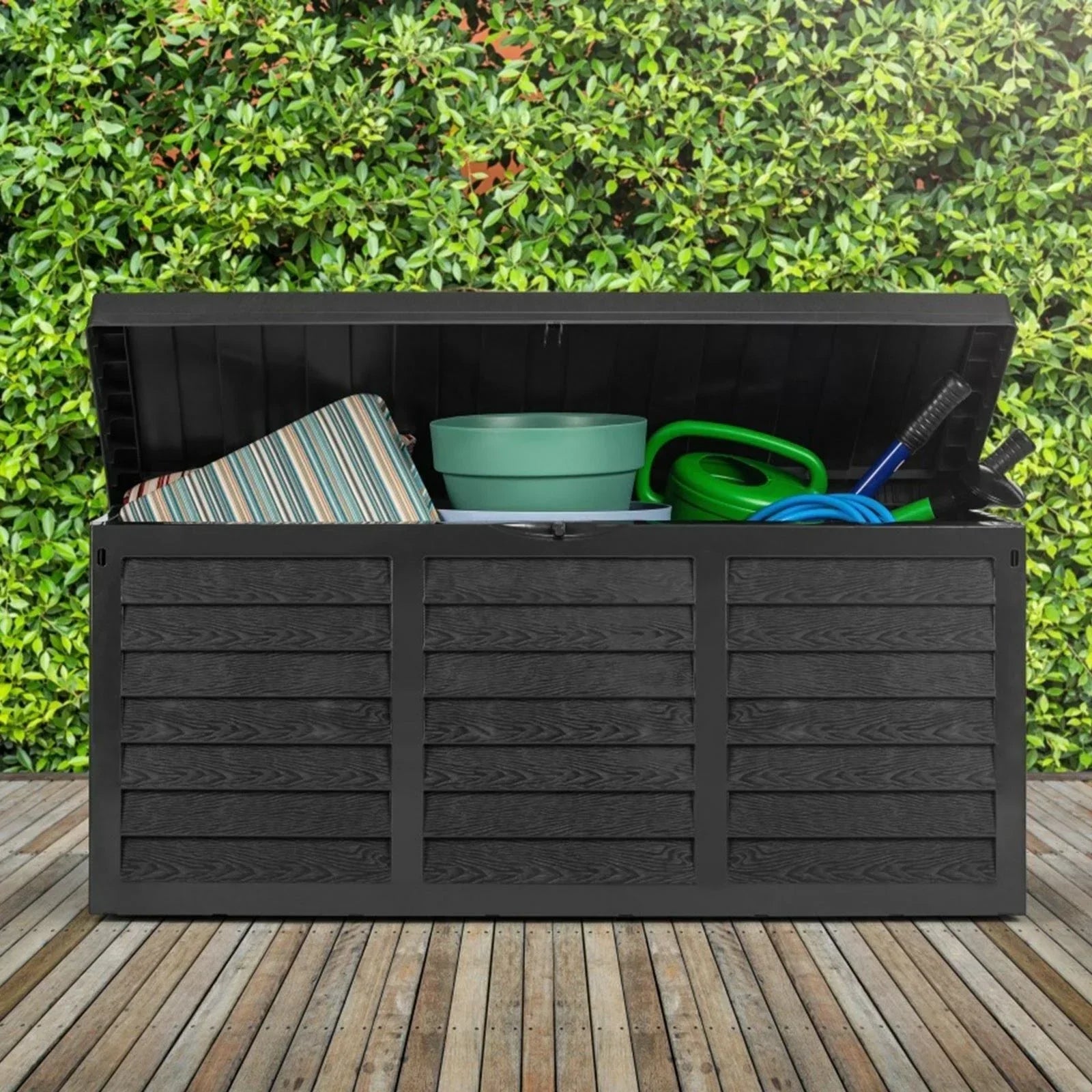 Black 320L Plastic Storage Box Garden Outdoor Shed Utility Cushion Chest Truck