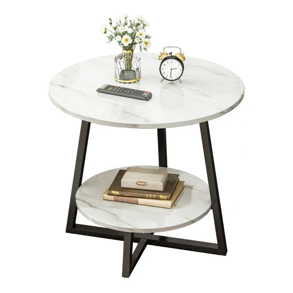Round 2 Tier Coffee Table Side Table White Marble Effect End Table Living Room