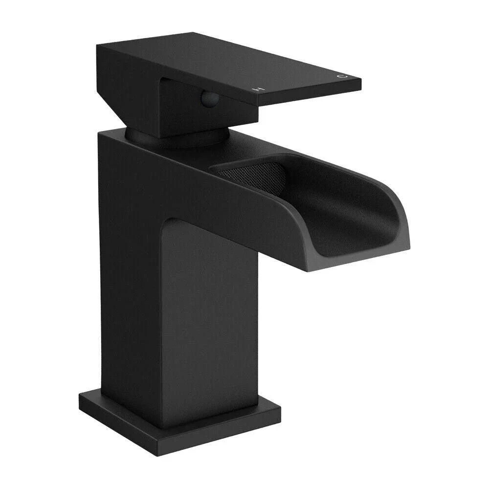 Bathroom Modern Waterfall Black Basin Sink Mono Square Mixer Tap Filler Waste