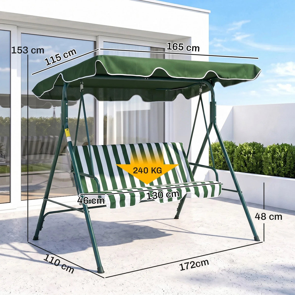 3-Seat Swing Chair Garden Swing Seat with Adjustable Canopy for Patio Green