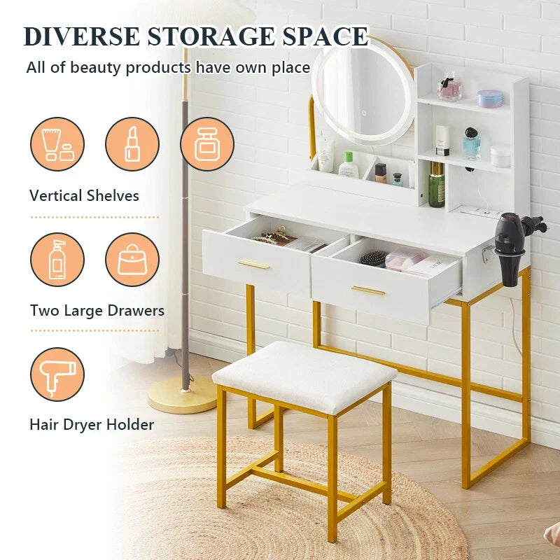 Dressing Table Round Mirror LED Lights Stool Vanity Table Makeup Desk Gold Leg