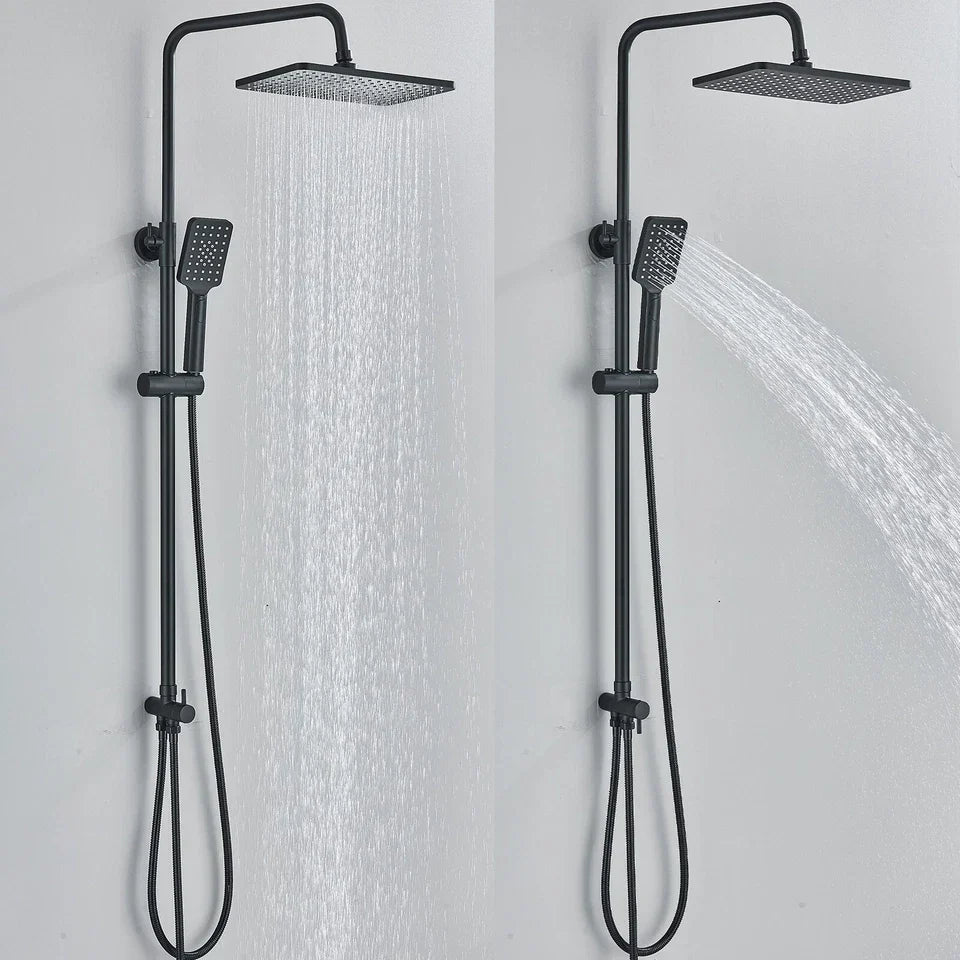 Black Exposed Bathroom Shower Twin Head Large Bar Set Square Valve Rail Hose Tap