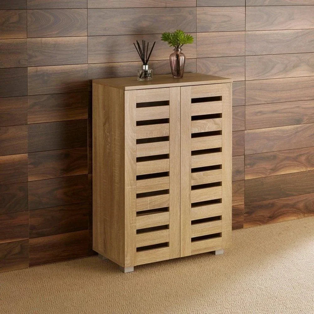 2 Door Shoe Storage Cabinet Rack Stand Cupboard Oak Wooden Slatted Doors Oslo