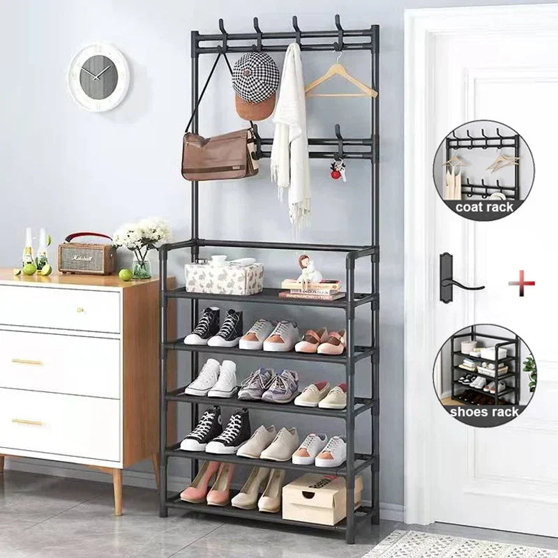 8 Hooks Coat and Hat Stand Metal + Plastic Shoe Rack Bedroom Shelf Hanger