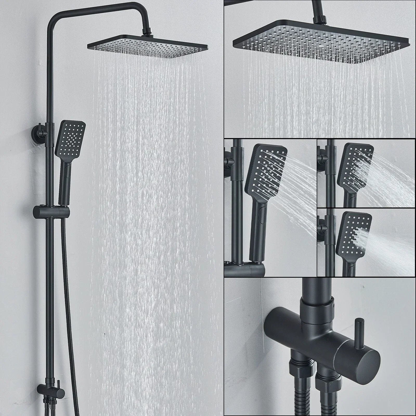 Black Exposed Bathroom Shower Twin Head Large Bar Set Square Valve Rail Hose Tap