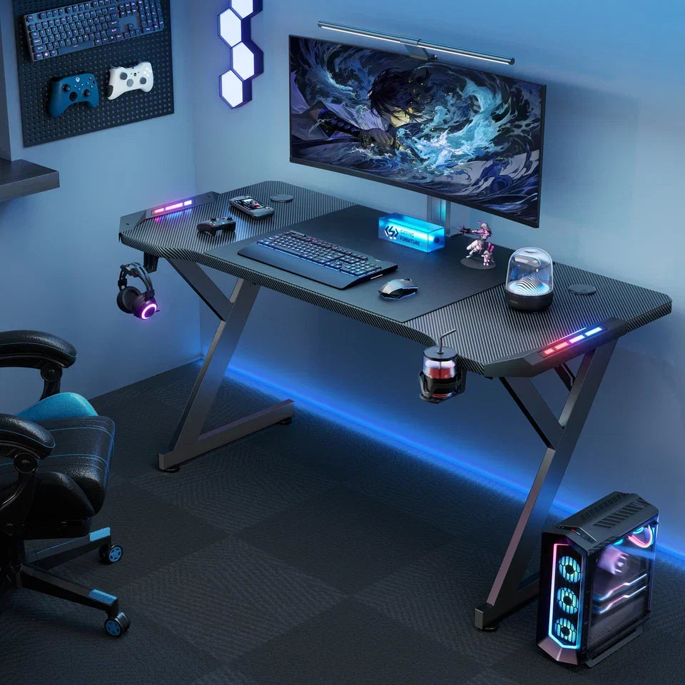 Gaming Desk LED RGB Computer Table Workstation w/ Cup Holder & Headphone Hook