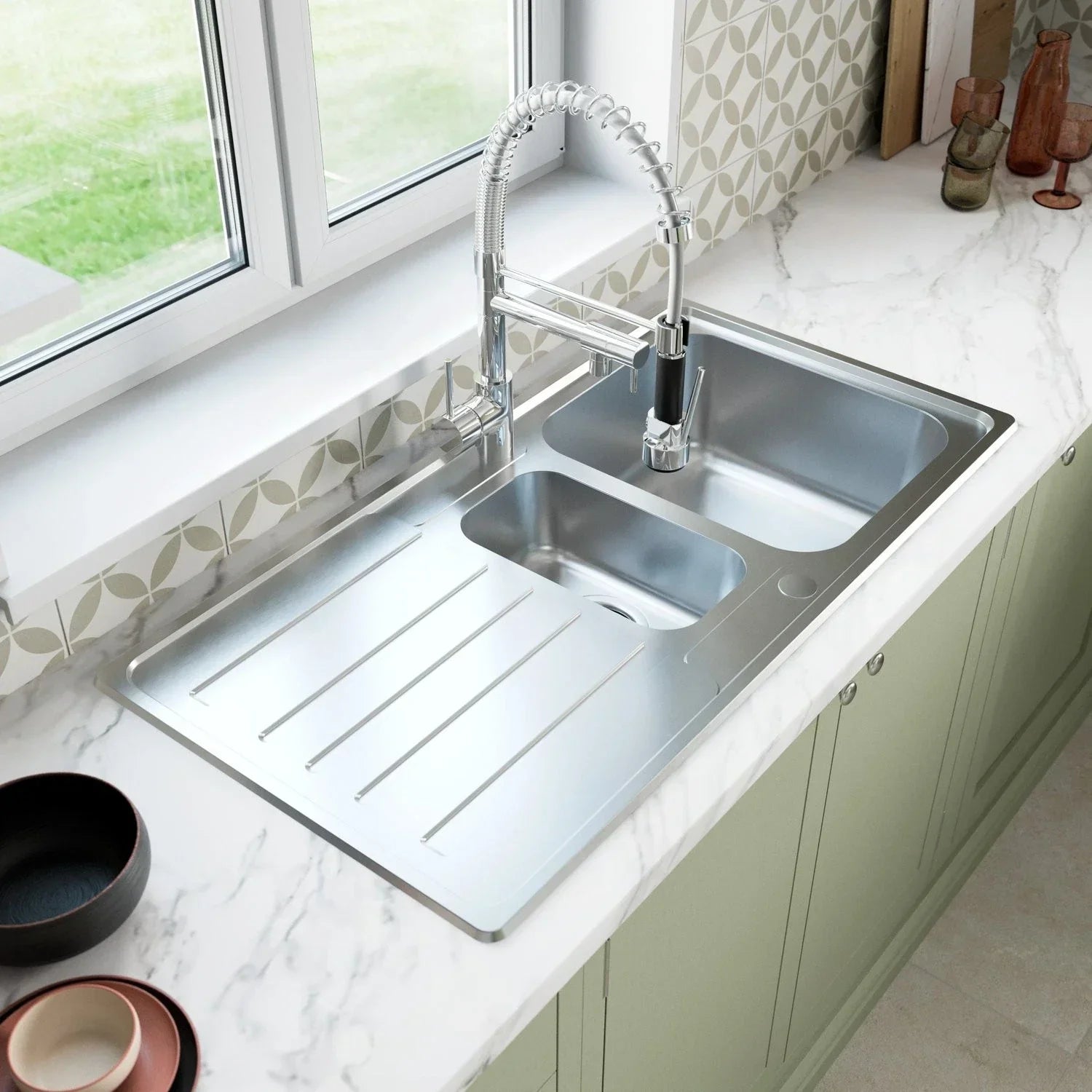 Stainless Steel 1.5 Bowl Inset Kitchen Sink Left Hand Modern Drainer Wastes