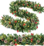 9ft Christmas Garland Snow Flocked With Lights Pinecones Berries Wreath Bushy