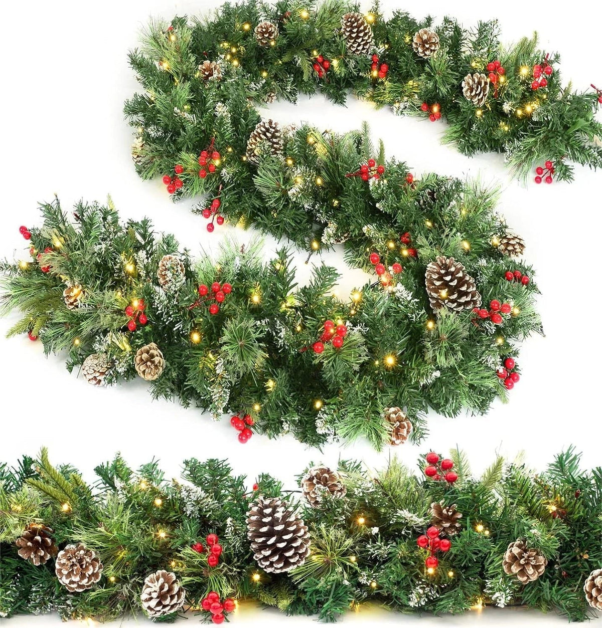 9ft Christmas Garland Snow Flocked With Lights Pinecones Berries Wreath Bushy