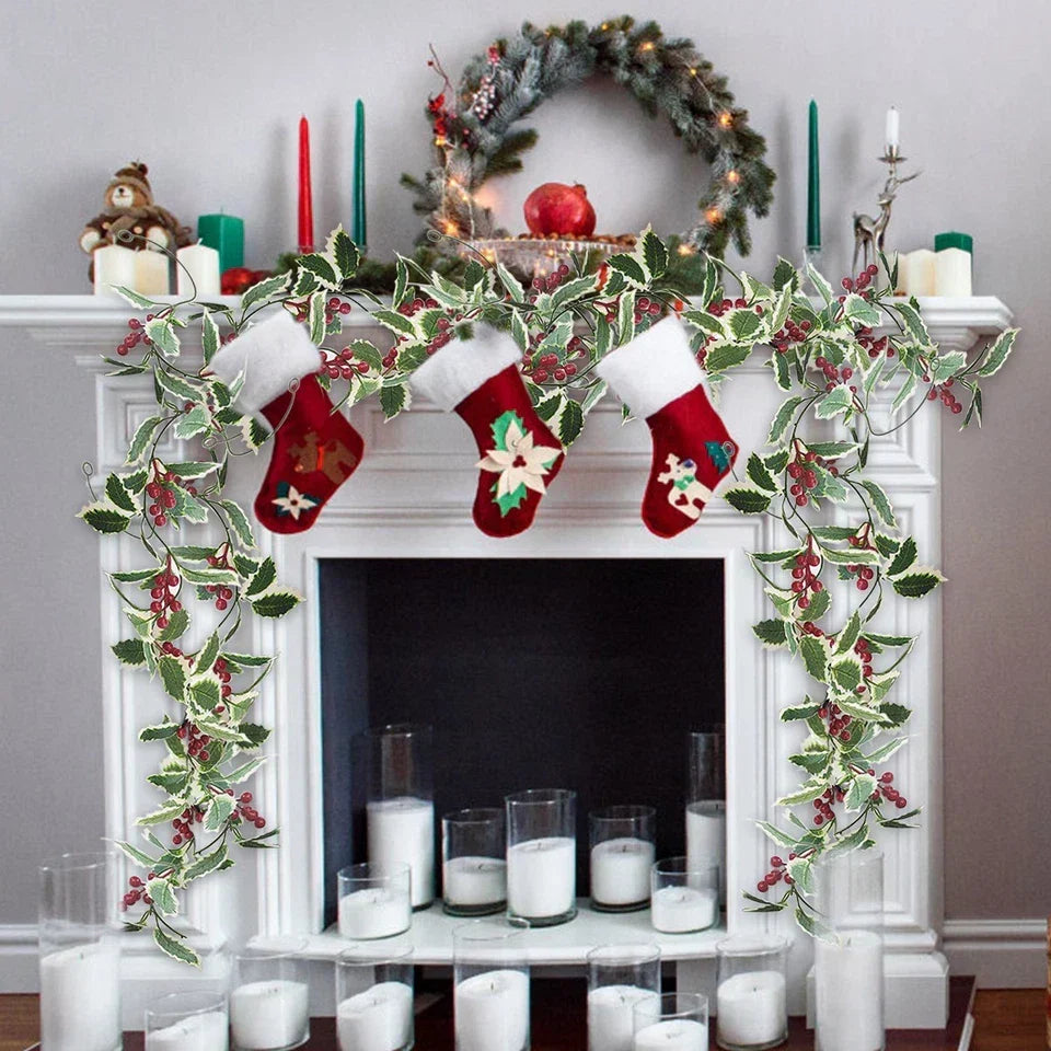 2M Christmas Garland Holly Leaf Red Berries Winter Fireplace Hanging Party Decor