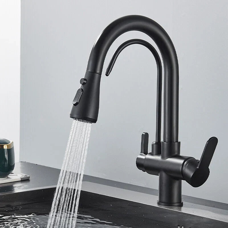Modern Mono Kitchen Sink Mixer Taps 360° Pull Out Spray Spout Twin Lever 3 Way