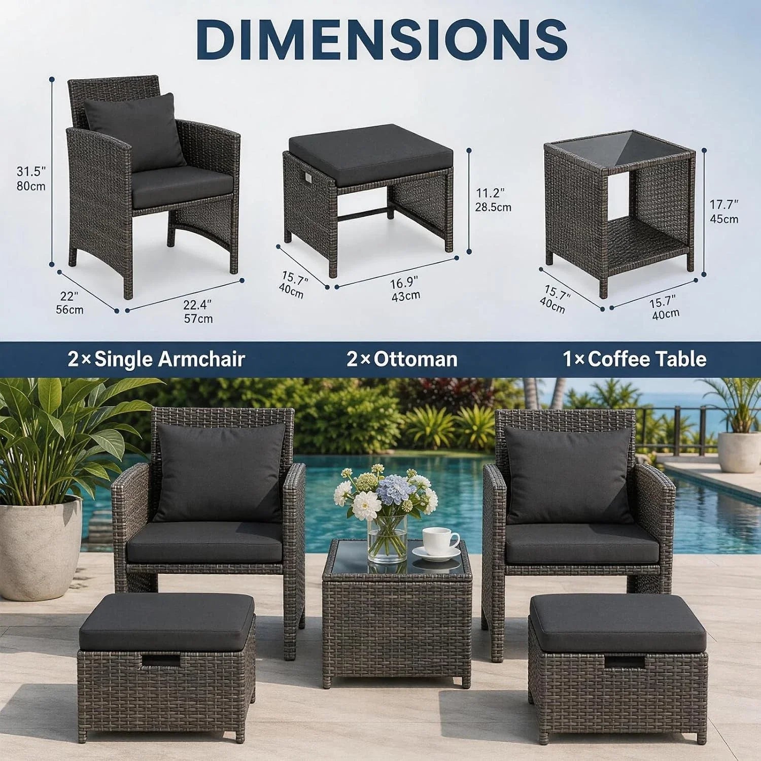 5 Piece Rattan Garden Furniture Patio Sofa Chairs Table Outdoor Conservatory Set