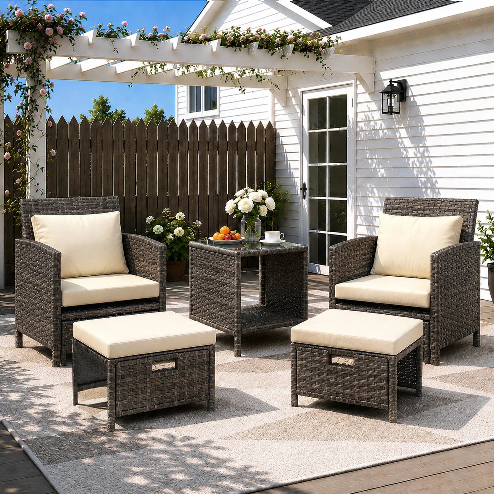 5 Piece Rattan Garden Furniture Patio Sofa Chairs Table Outdoor Conservatory Set