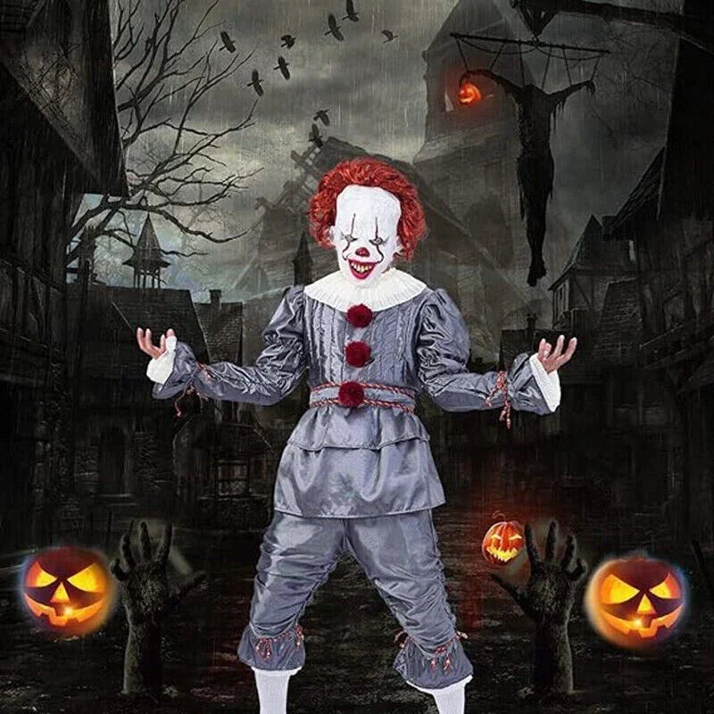 Adult Pennywise Clown Costume Halloween Cosplay Suit Outfit Fancy Dress Mask Men
