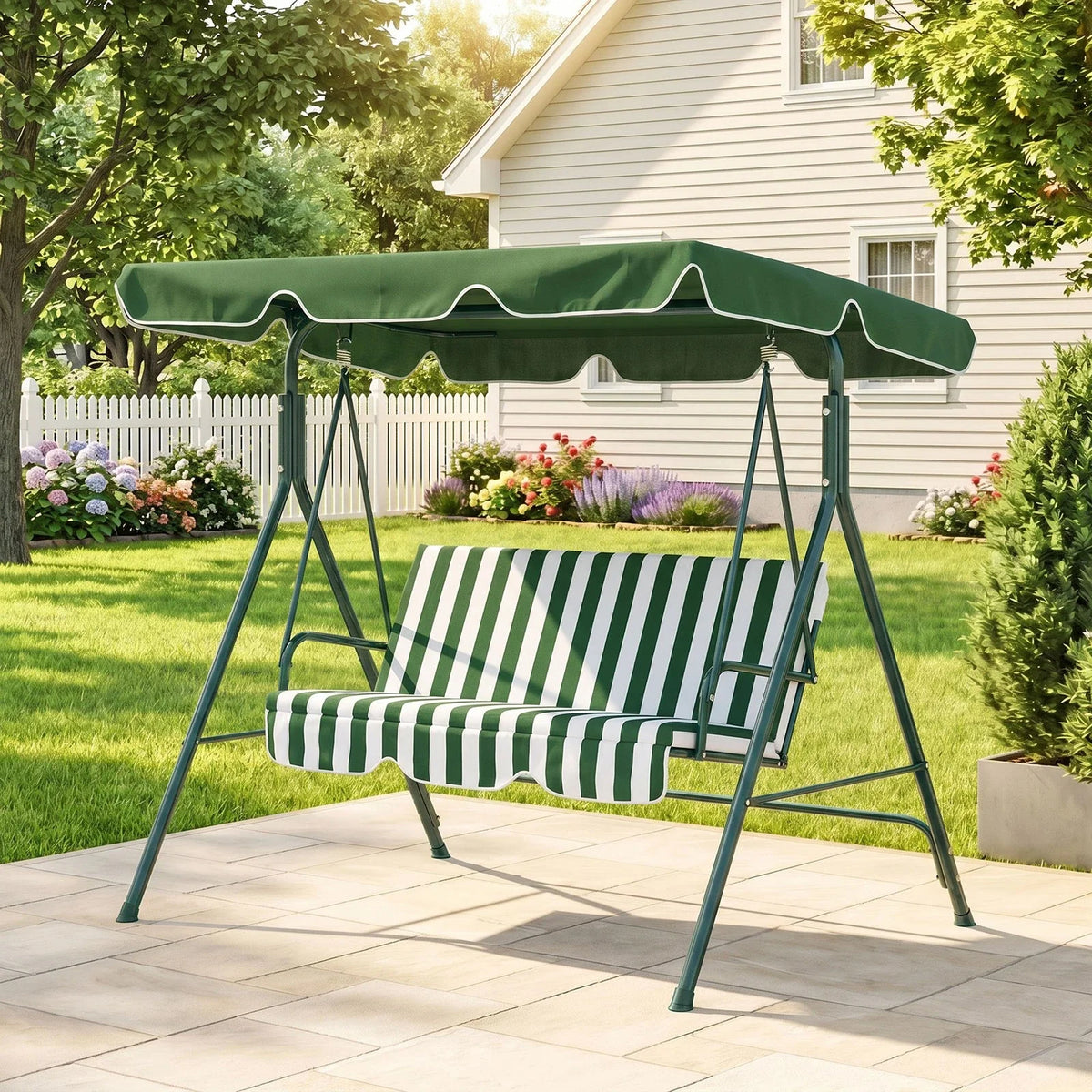 3-Seat Swing Chair Garden Swing Seat with Adjustable Canopy for Patio Green