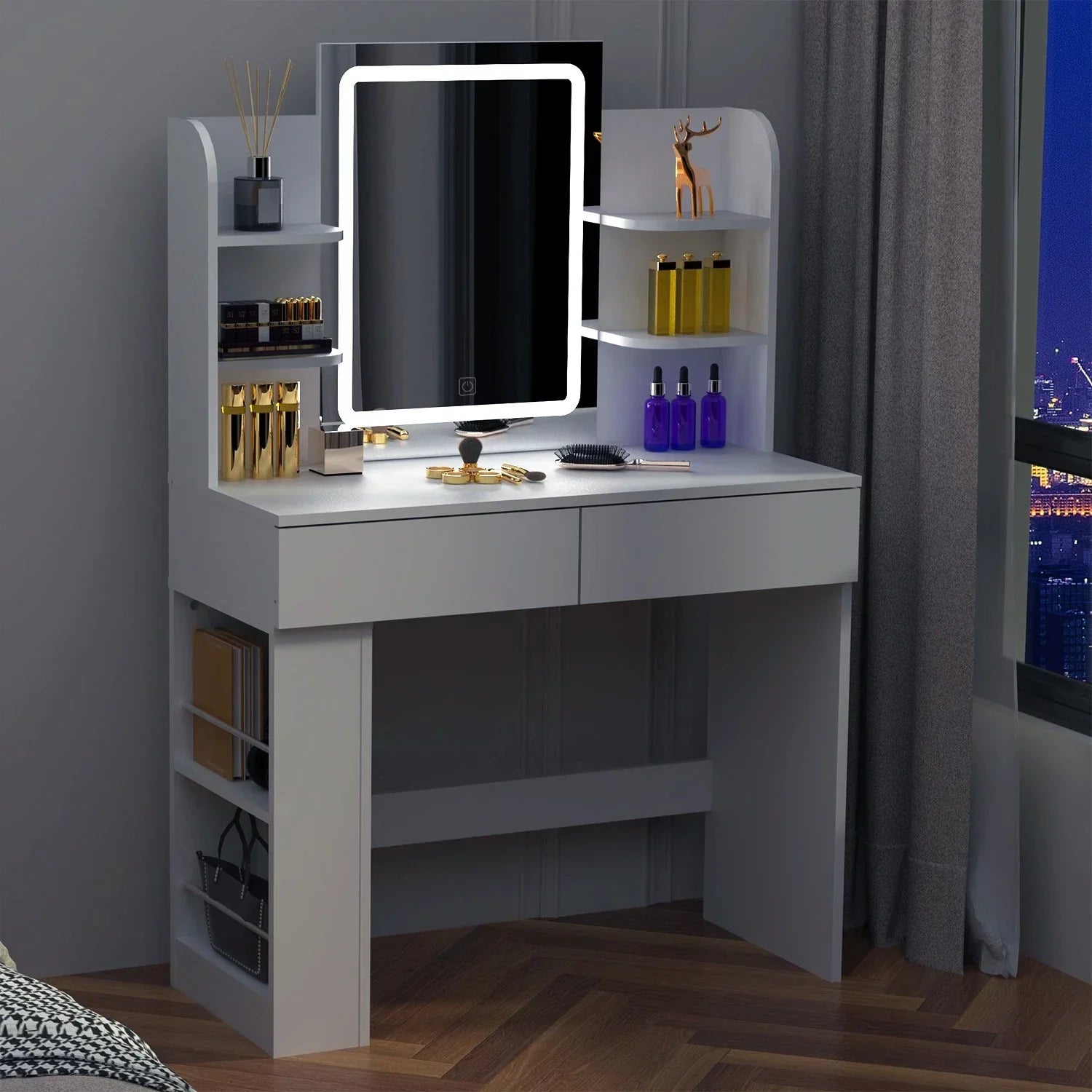 Dressing Table Makeup Desk Vanity Desk With 2 Drawers & LED Mirror & 4 Shelves