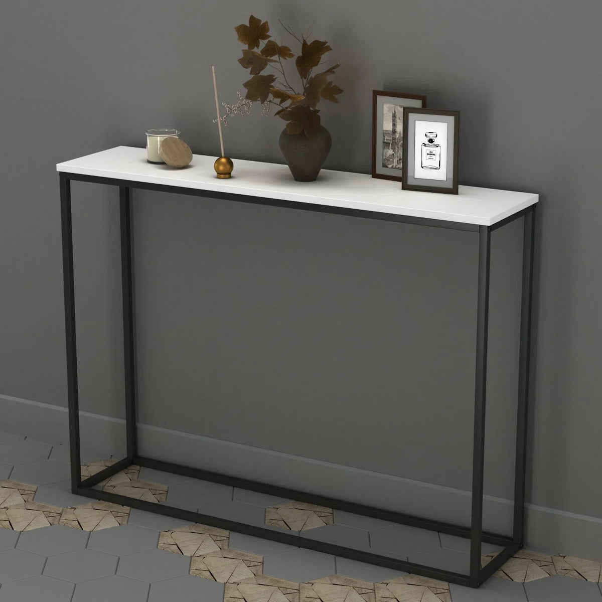 Wooden Free Standing Hallway Console Table Living Room Shelf Display Metal Legs