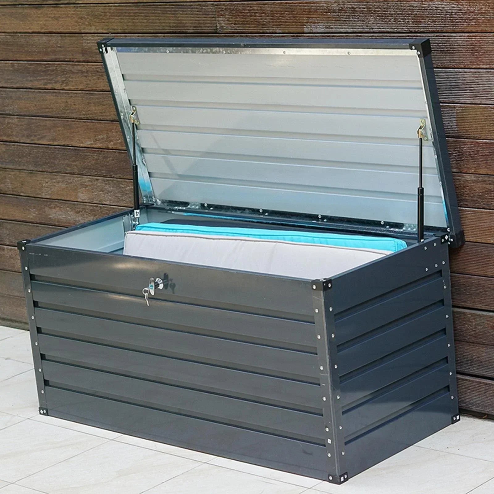 Dark Grey 420L Metal Storage Box Garden Outdoor Shed Utility Cushion Chest Truck