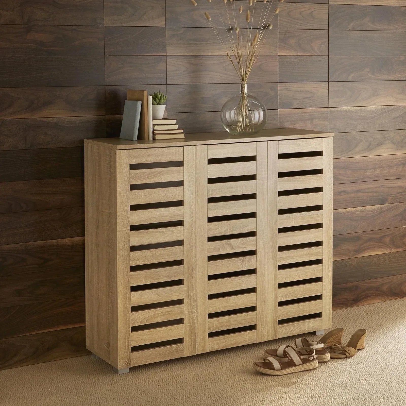 Oslo 3 Door Oak Wooden Shoe Storage Cabinet Rack