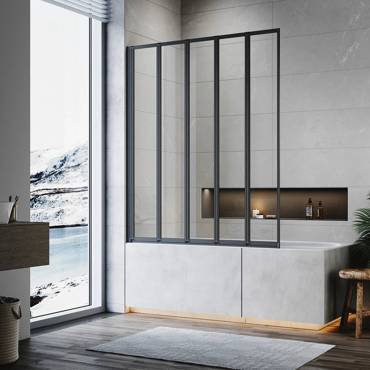 5 Folding Bath Shower Screen Black / Chrome Frame Wet Room Glass Panel 1200 x 1400mm