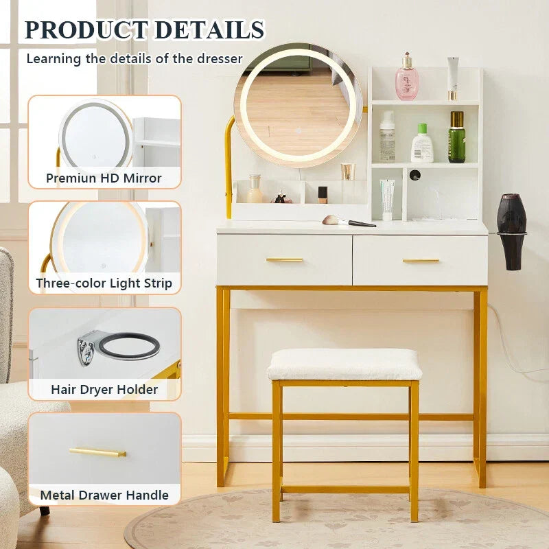 Dressing Table Round Mirror LED Lights Stool Vanity Table Makeup Desk Gold Leg