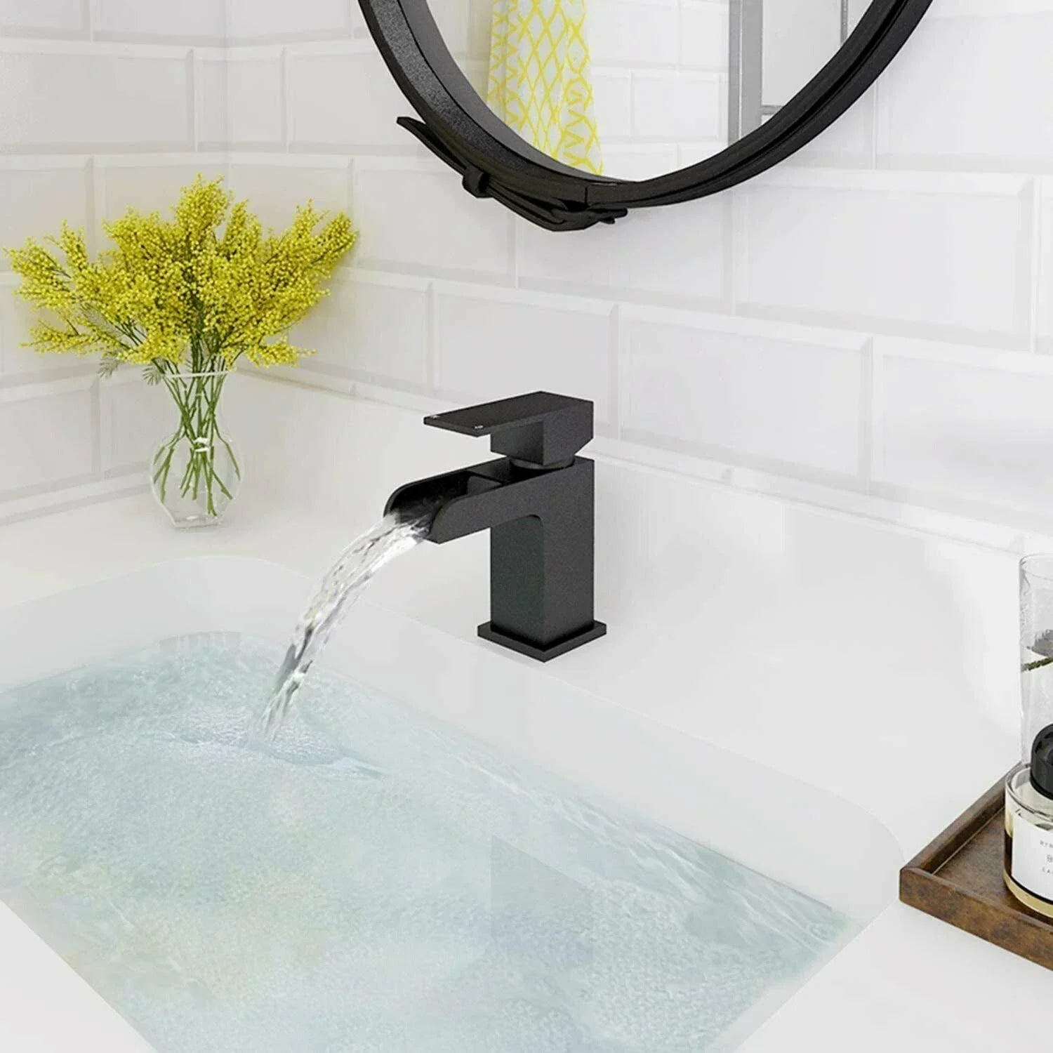 Bathroom Modern Waterfall Black Basin Sink Mono Square Mixer Tap Filler Waste