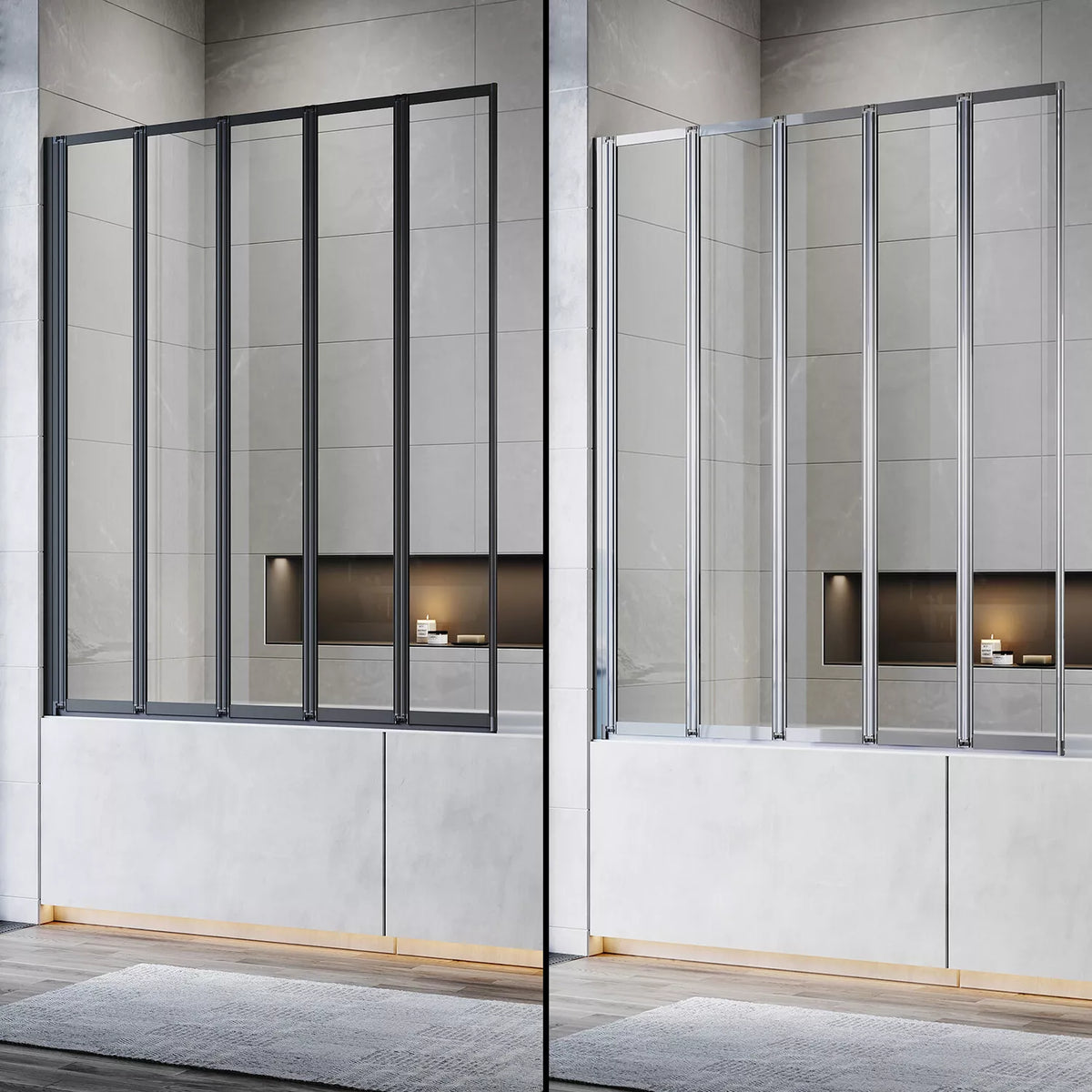 5 Folding Bath Shower Screen Black / Chrome Frame Wet Room Glass Panel 1200 x 1400mm