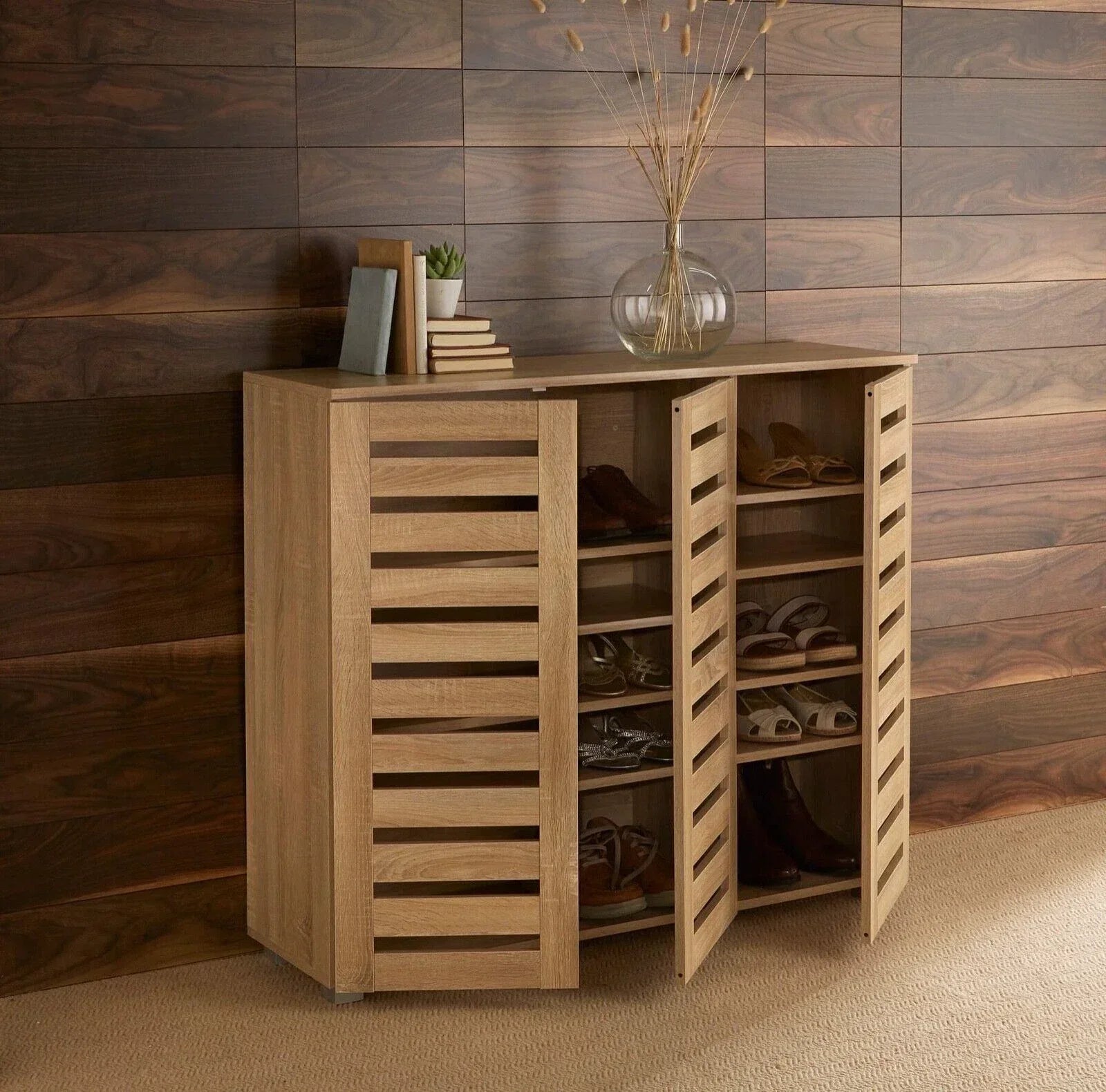 Oslo 3 Door Oak Wooden Shoe Storage Cabinet Rack