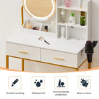 Dressing Table Round Mirror LED Lights Stool Vanity Table Makeup Desk Gold Leg