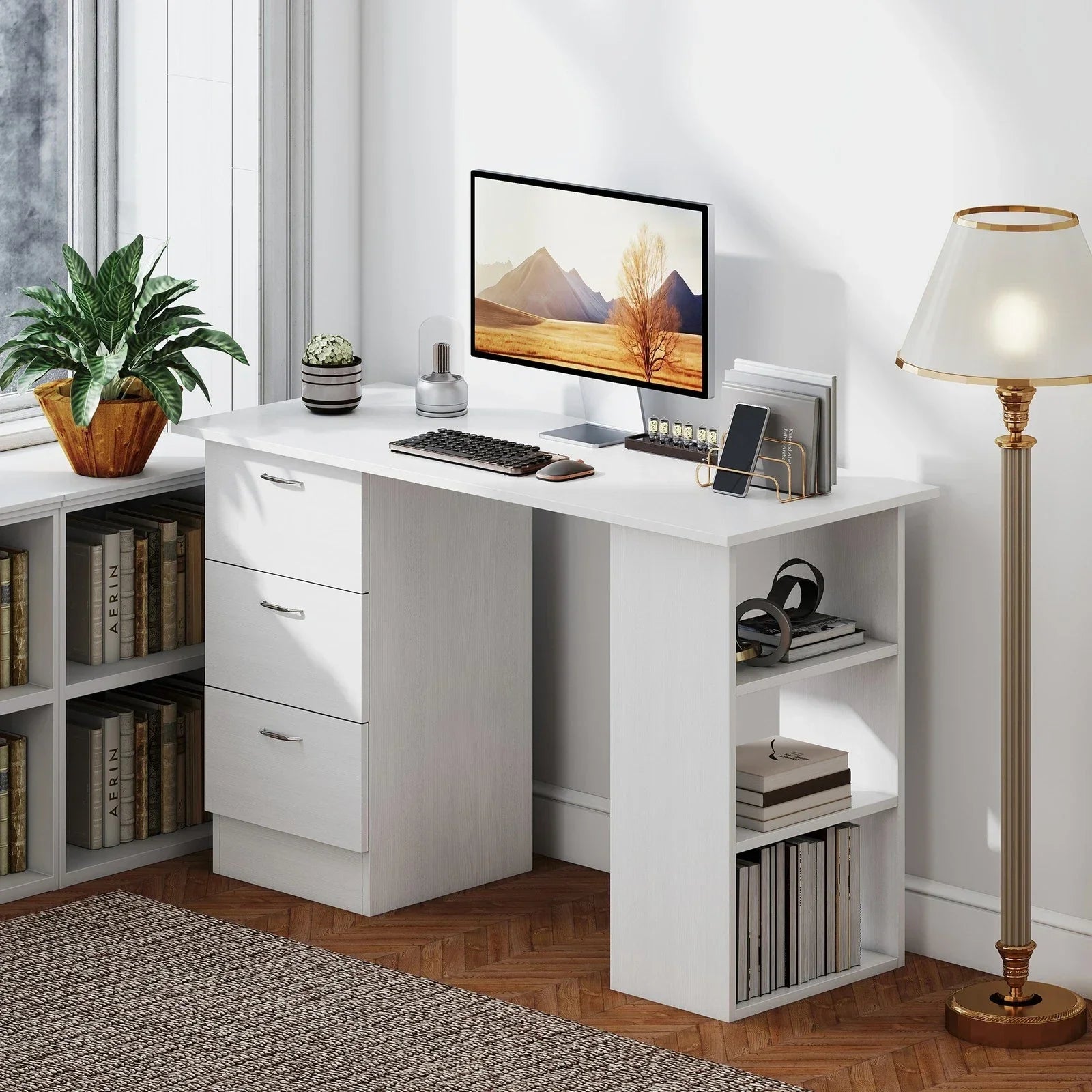 120cm Computer Desk PC Table Workstation w/ 3 Shelf & Drawers White