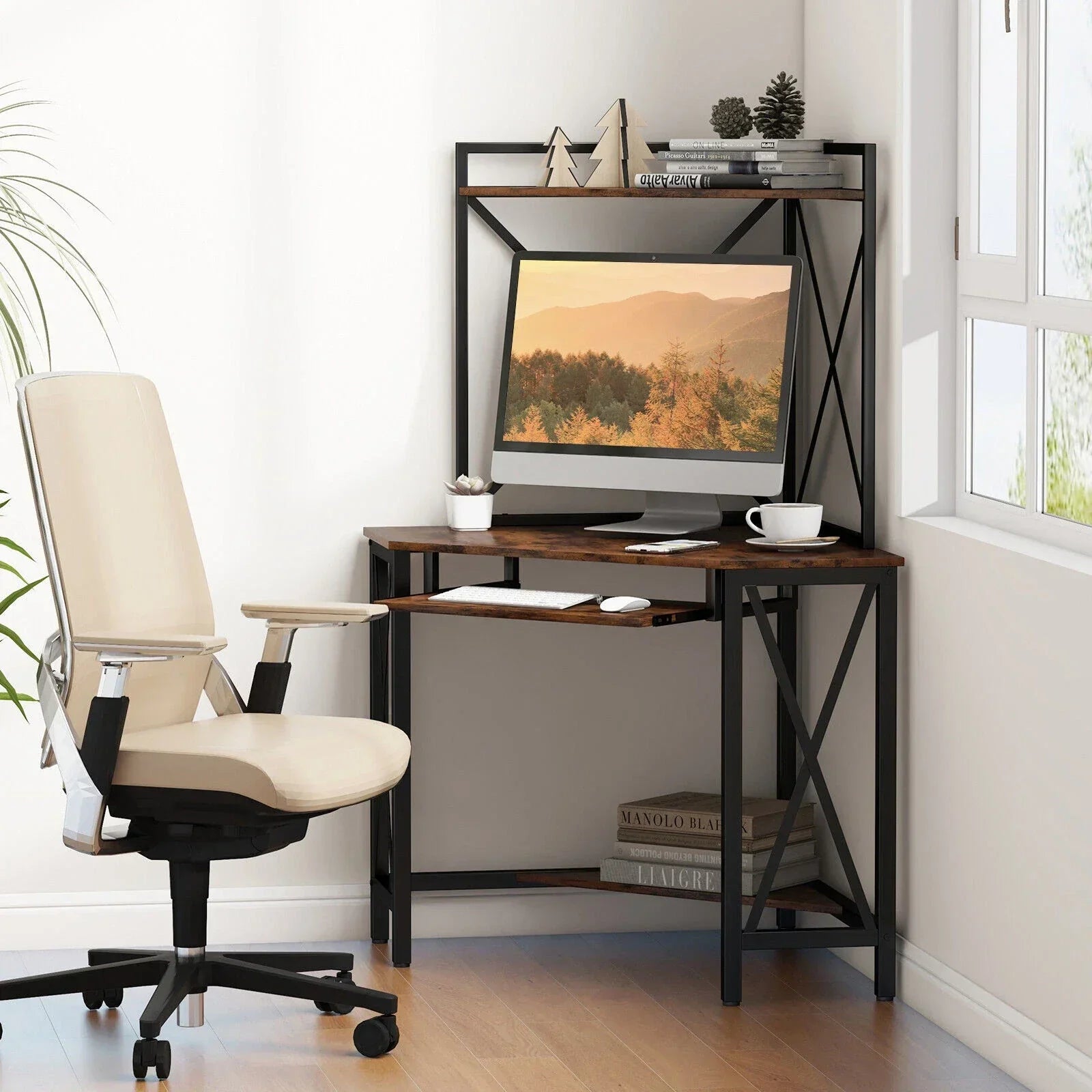 Corner Desk Space-Saving Computer Desk Home Office Study Writing Desk w/Shelves