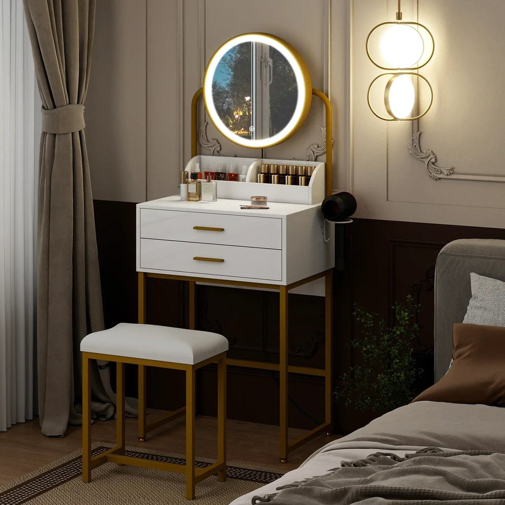 Modern Vanity Dressing Table LED Light Mirror Stool Shelves 2 Drawers Compact