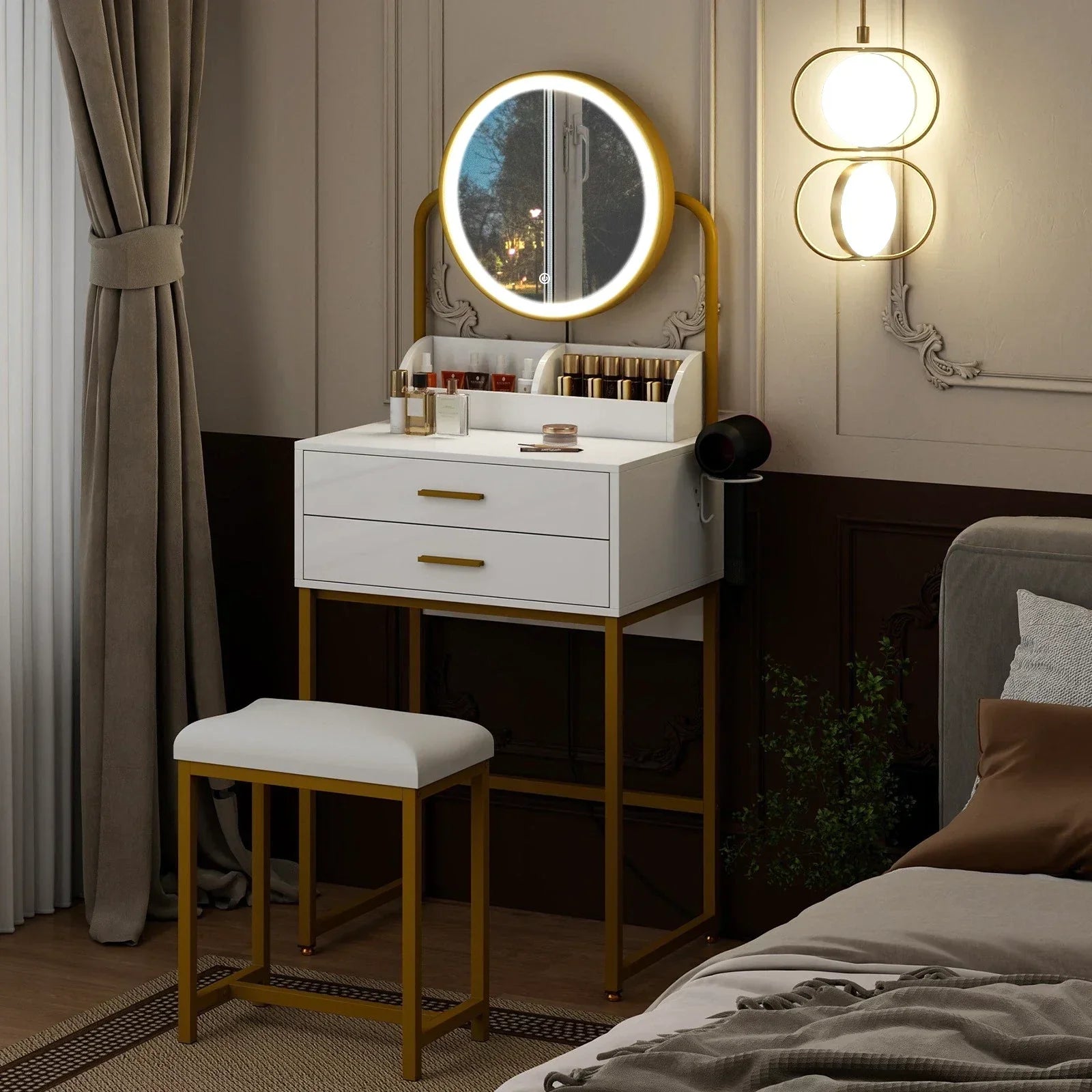 Modern Vanity Dressing Table LED Light Mirror Stool Shelves 2 Drawers Compact