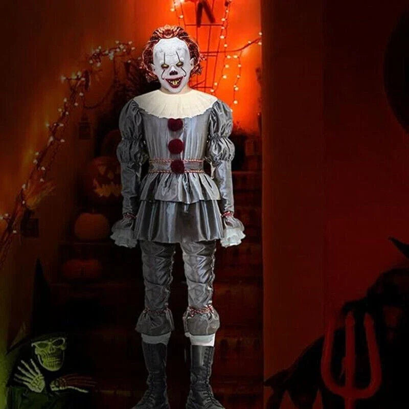 Adult Pennywise Clown Costume Halloween Cosplay Suit Outfit Fancy Dress Mask Men
