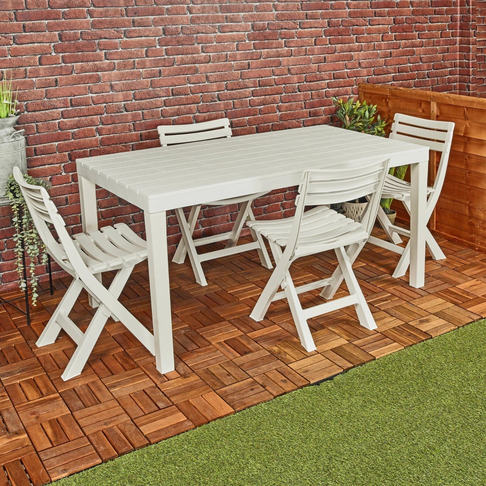 White Garden Plastic Patio Dining Large Table & Folding Chairs Outdoor Furniture