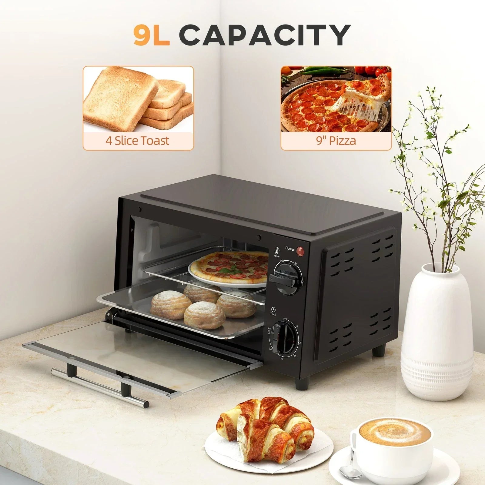 Mini Oven 9L Countertop Toaster Oven with Timer Control 750W Black