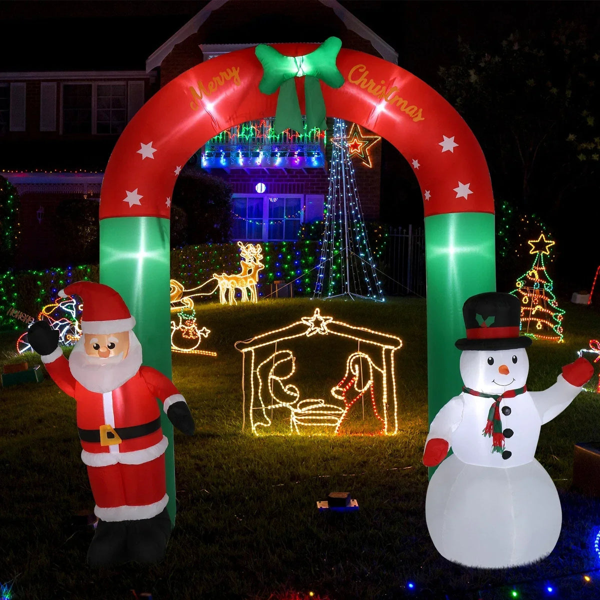 2.4M Christmas Arch Inflatable with Santa & Snowman & LED Lights Outdoor Decor