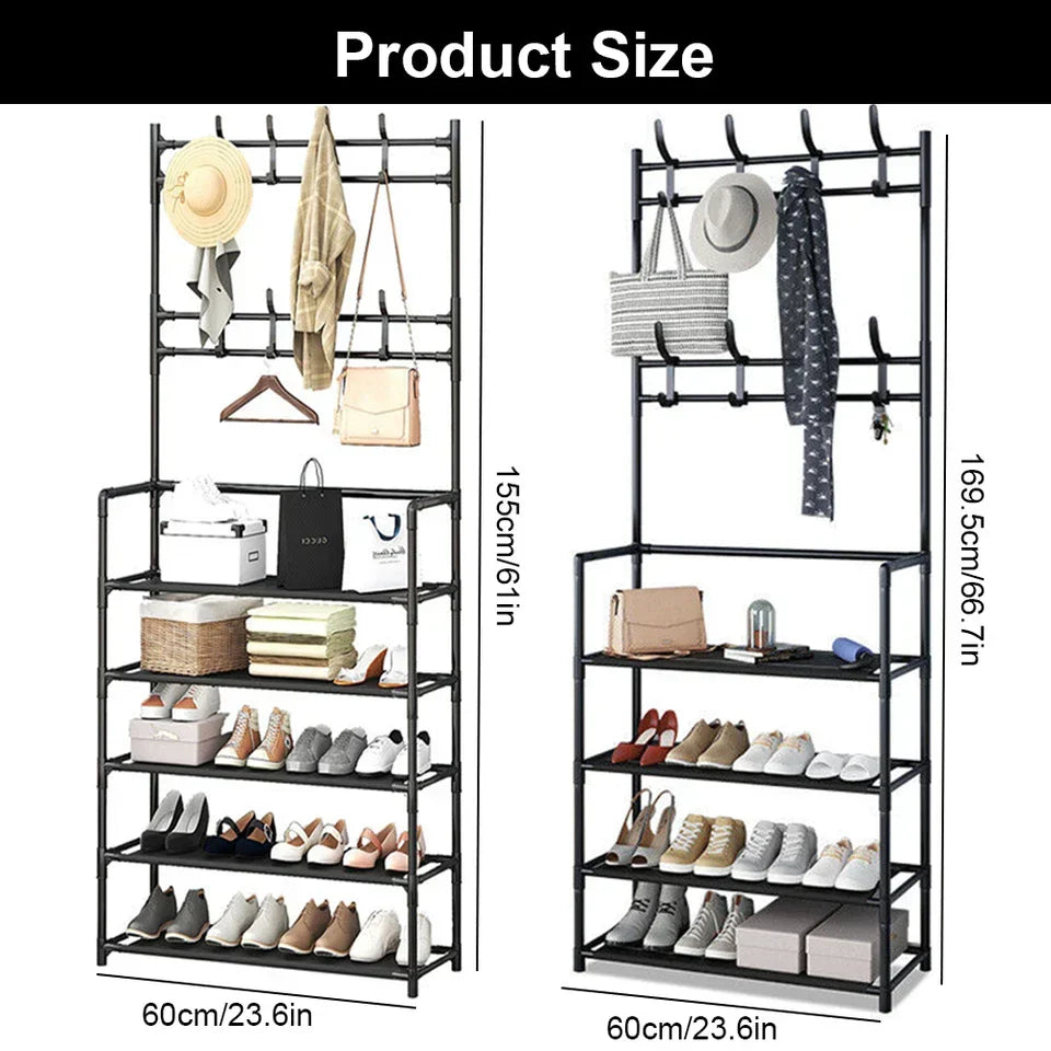8 Hooks Coat and Hat Stand Metal + Plastic Shoe Rack Bedroom Shelf Hanger