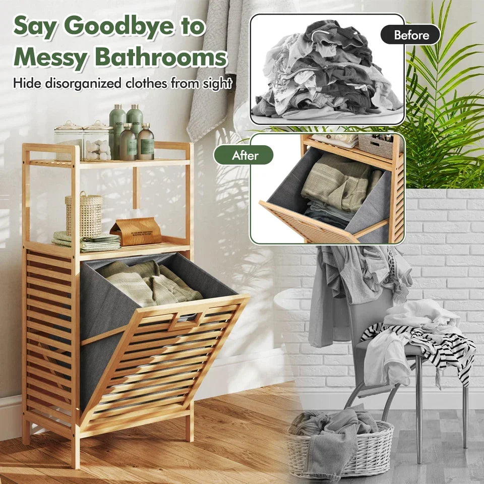 Bamboo Bathroom Shelf Tilt out Laundry Hamper Storage Organiser w/Laundry Basket