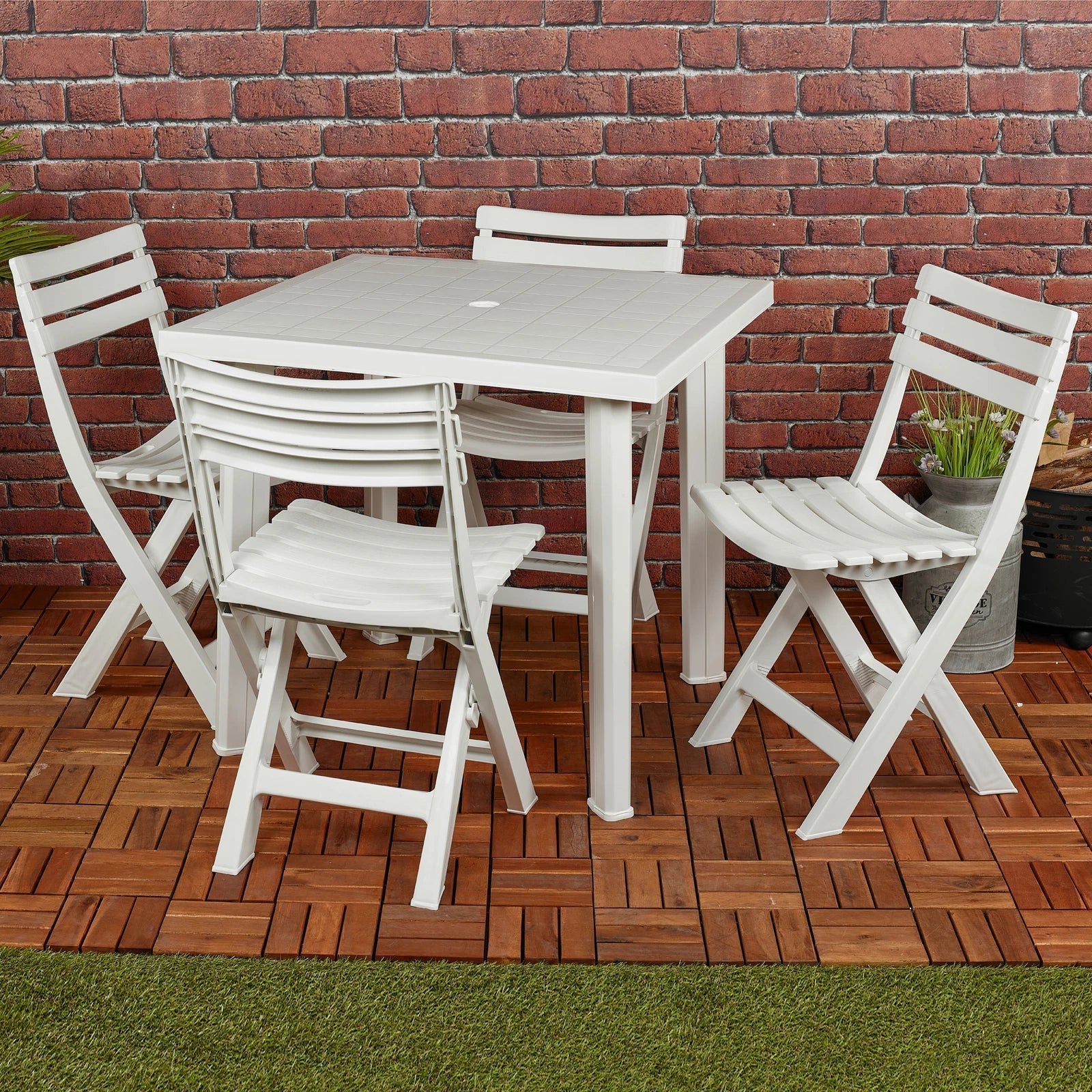 5PCs White Plastic Garden Dining Table with Chairs Set Patio Deck Outdoor Furniture