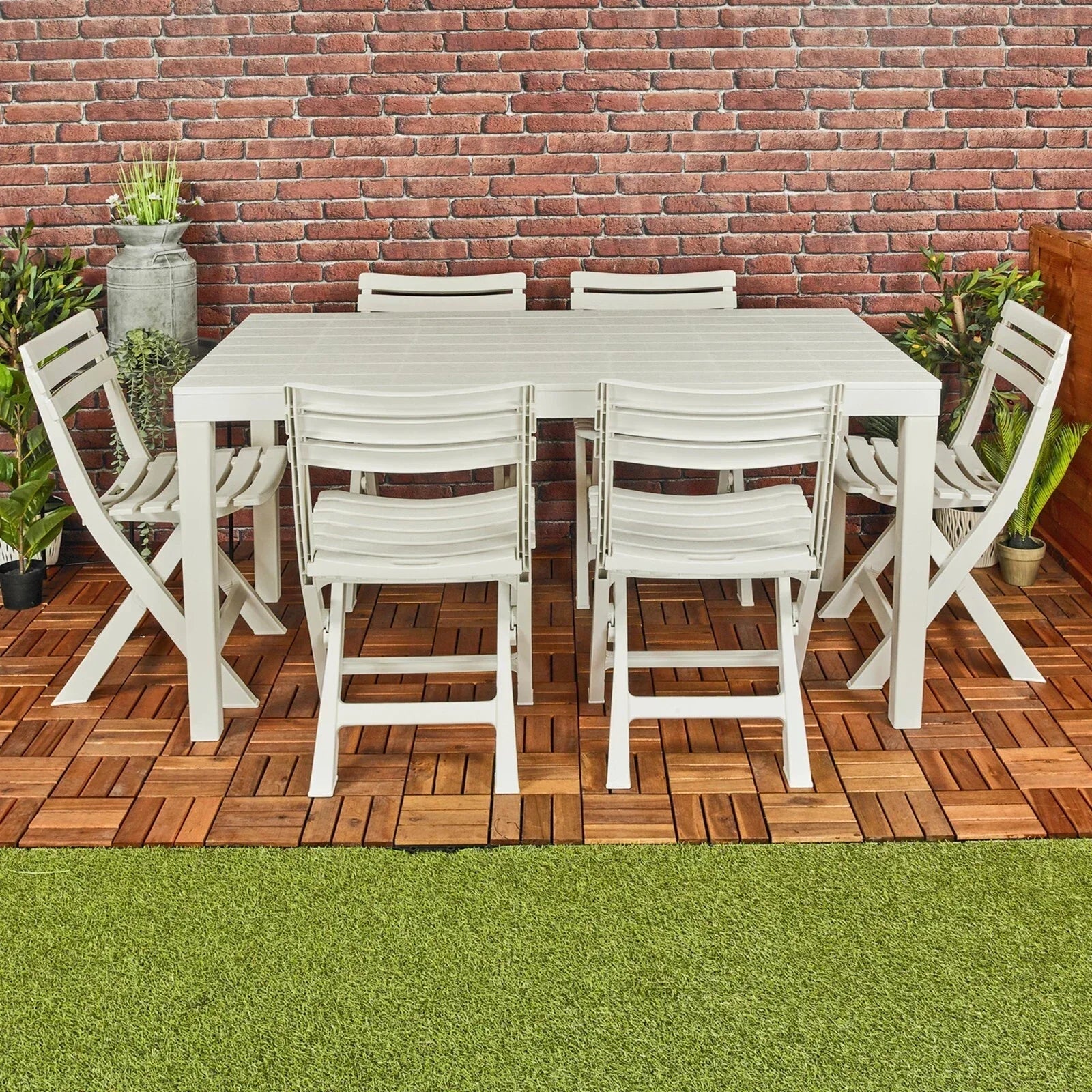 White Garden Plastic Patio Dining Large Table & Folding Chairs Outdoor Furniture