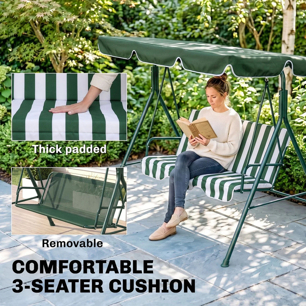 3-Seat Swing Chair Garden Swing Seat with Adjustable Canopy for Patio Green