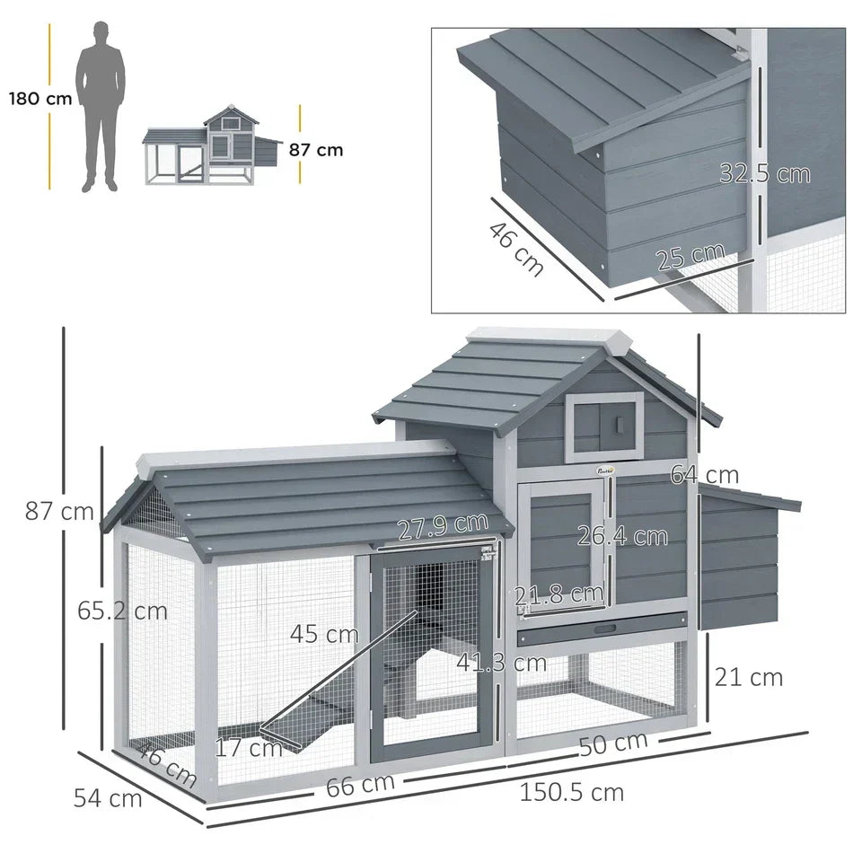 PawHut Chicken Coop Hen Cage Small Animal Hutch Nesting Box Outdoor Run Grey