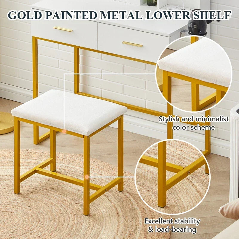 Dressing Table Round Mirror LED Lights Stool Vanity Table Makeup Desk Gold Leg