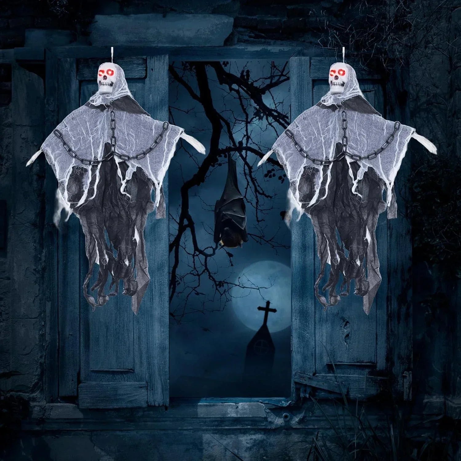 90cm LED Flashing Eyes Skeleton in Chain Sound Effect Halloween Hanging Decor