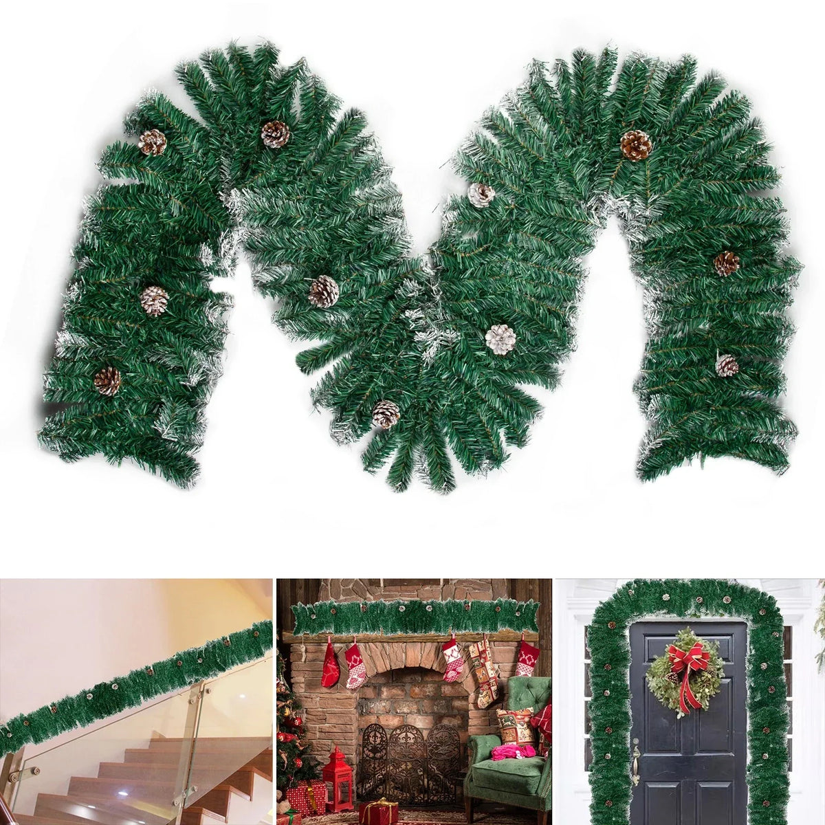 9ft Christmas Garland Snow Flocked With Lights Pinecones Berries Wreath Bushy